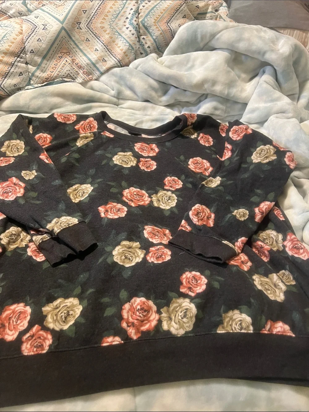 torrid Black Sweatshirt with Pink and Cream Rose Print
